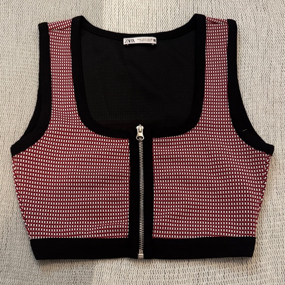 Zara Tops - Zara Black-Trim Red & White Check Zip Cropped Tank